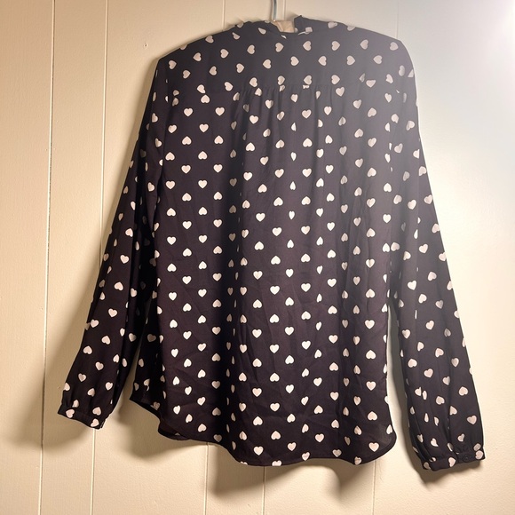 LOFT Ann Taylor Blouse L Brown Heart Print Tie Neck Long Sleeve Romantic Top - Picture 3 of 13